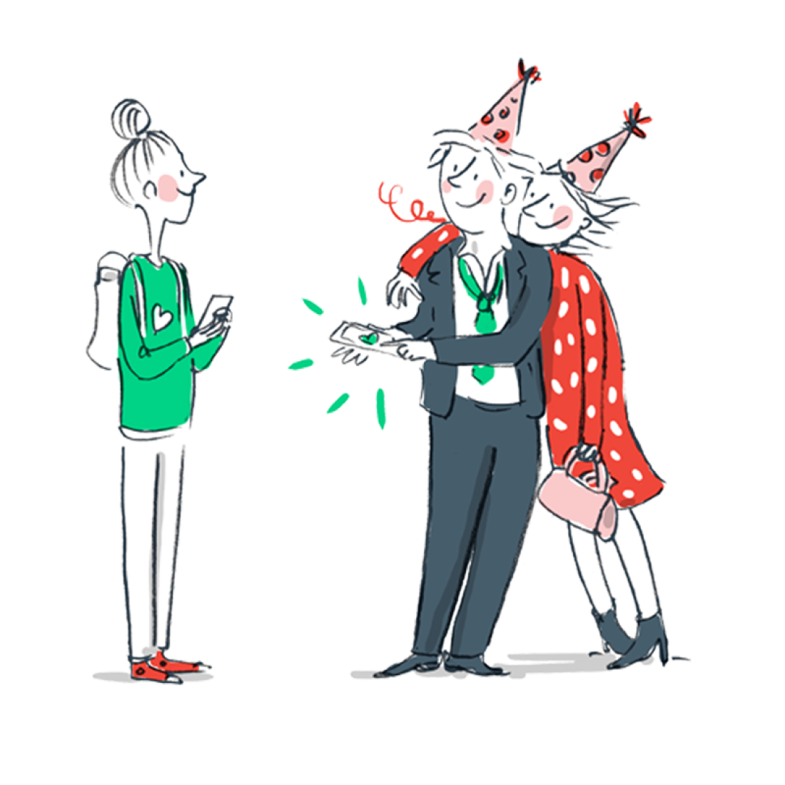 Una babysitter con telefono e zaino di fronte a una coppia con cappellini da festa che consegna denaro