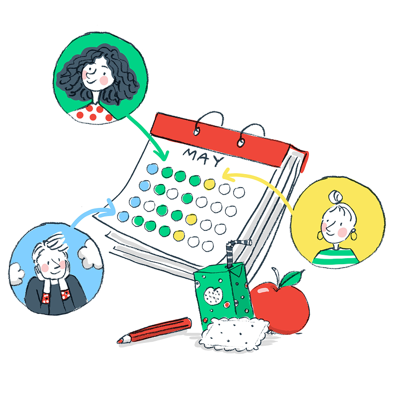 Un calendrier de mai entouré de trois bulles de profils de babysitters reliées par des flèches, avec des fournitures scolaires et une pomme à proximité.