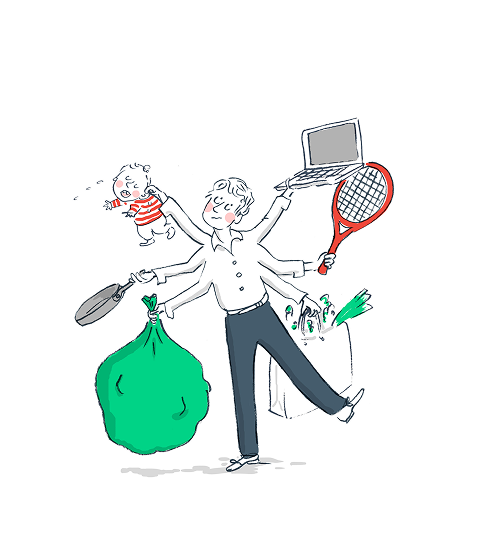 A multi-armed man manages a baby, cooking, cleaning, and work simultaneously.