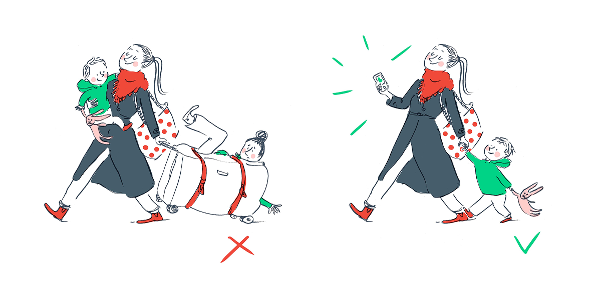 Comparaison « à faire / à éviter » : une femme débordée avec deux enfants et de lourds bagages, face à une mère calme avec un seul enfant et son téléphone.