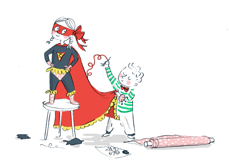 Une baby-sitter déguisée en super-héros joue avec un enfant, illustrant l'énergie et la bonne humeur d'une garde réussie