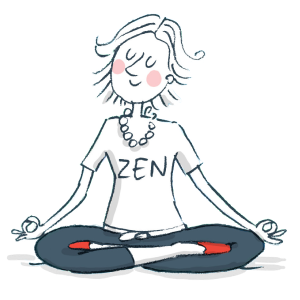 Une maman en position méditative en tailleur porte un t-shirt « ZEN ».