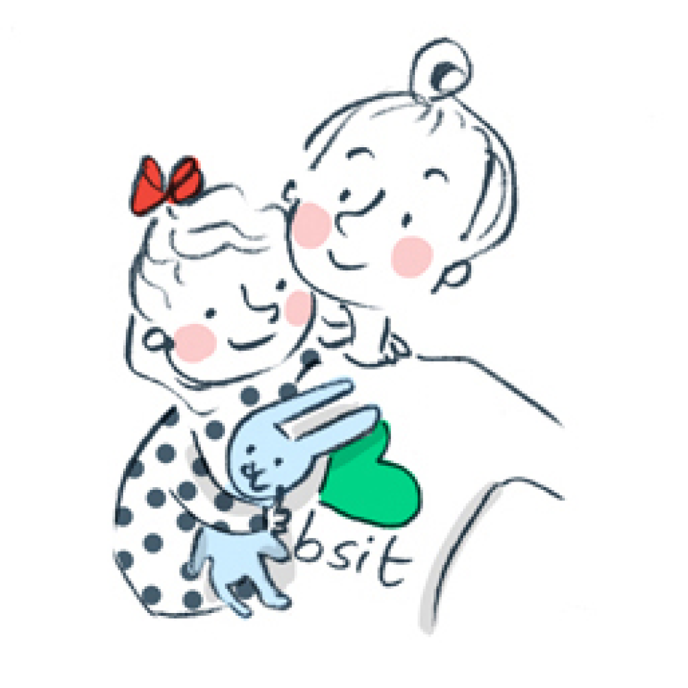 A close-up of a smiling babysitter holding a small child with a red bow and a blue bunny toy.