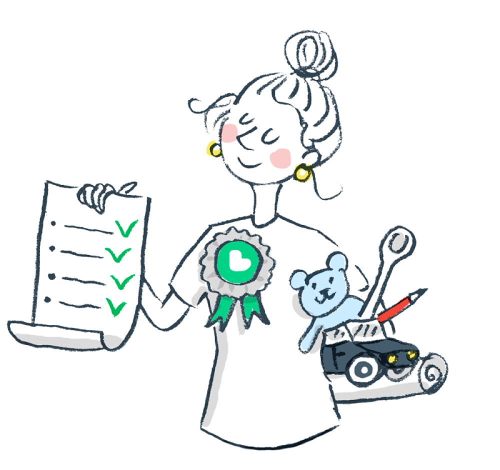 Een babysitter met een ingevulde checklist en een onderscheidingslint.