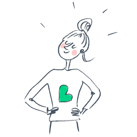 A confident babysitter standing with hands on hips and a Bsit heart logo on her sweater